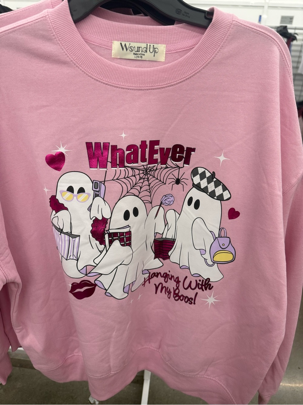 Wound Up Pink Ghost Graphic Sweatshirt with Hearts